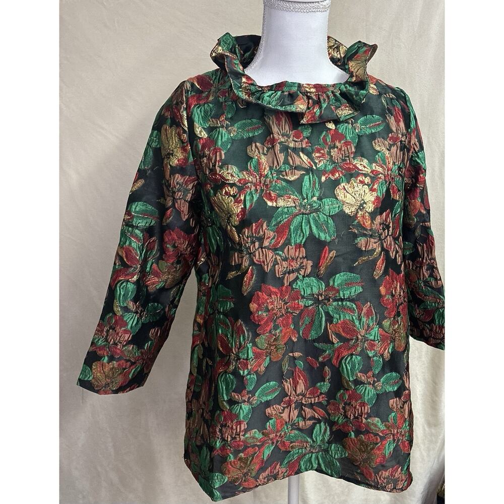 Shop the‎ Mint Metallic Floral Holiday Top Bow Tie Neck Blouse Green Red Small